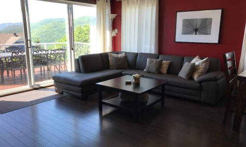 Salon avec vue sur la montagne et le fleuve - Chalet à louer Charlevoix