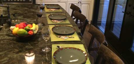 Chalet Ilaali at Petite Riviere St-Francois (Versant du Massif), with its kitchen island and counter tops in irridescent labradorite natural stone