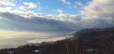 View of the ski slopes at Le Massif de Charlevoix, from the terrasse and living room of Ilaali cottage.